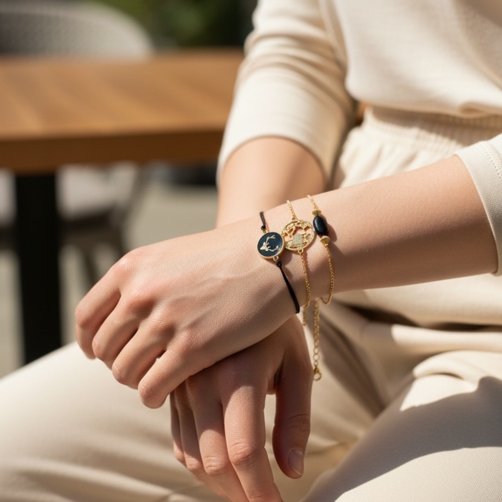 Black Deer Bracelet Set of 3, Gold Plated and Rope Bracelet